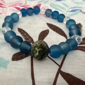 Blue Beaded Bracelet with Lion Charm